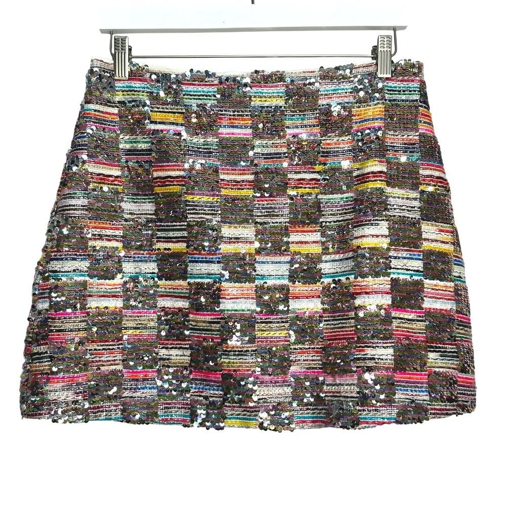 Blue B. Multicolor Sequin Rainbow Tweed Mini Skirt Checkered Striped Skirt L